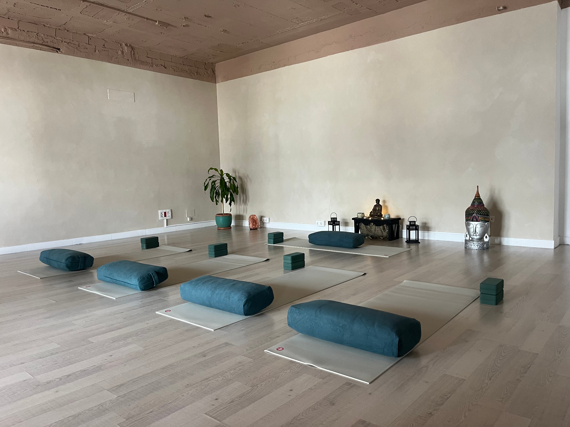 Inside The Sanctum Space studio in Nueva Andalucía, Marbella — yoga mats and bolsters arranged for practice.